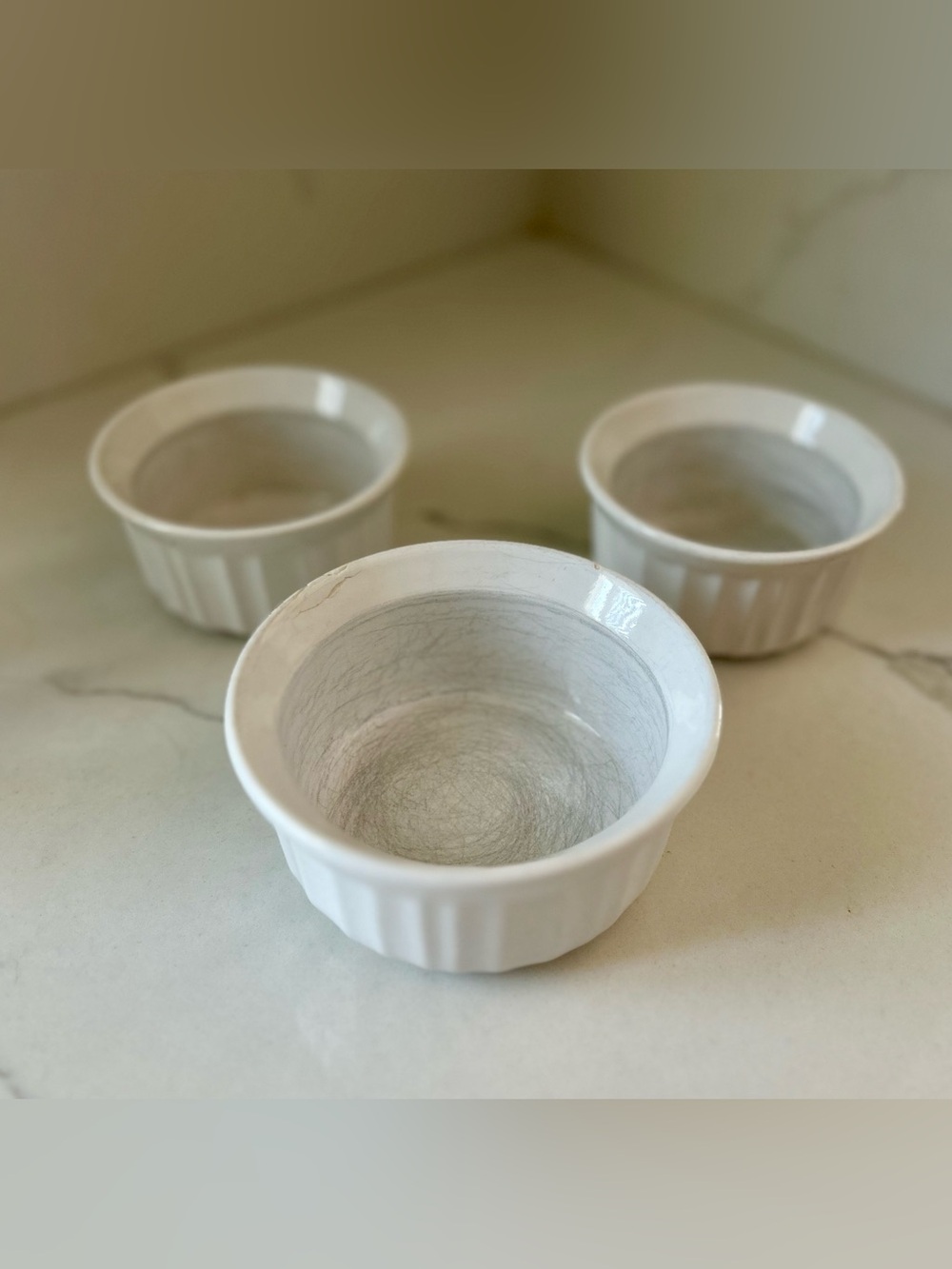 CorningWare French White Ramekins Set of 3 - (1) 7oz & (2) 4oz Round Stoneware